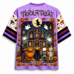 Back view of the Chaotic Club Halloween jersey displaying 'TRICK OR TREAT' text above a full moon witch and teddy bears walking towards a lit haunted home.