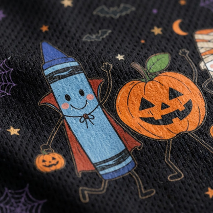 Macro close-up shot of the graphic print on mesh fabric, focusing on the high-definition details of the vampire crayon, mummy glue stick, and witch pencil holding a broom.