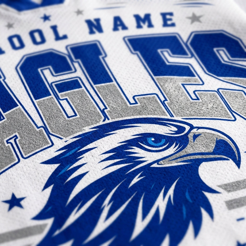Close-up of a white athletic jersey or sweatshirt fabric with blue and gray varsity-style lettering and a blue eagle head graphic.