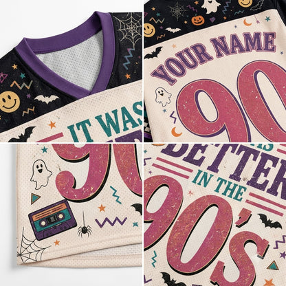 A 4-panel close-up collage of a custom printed V-neck t-shirt. The shirt features a black and purple collar, a cream-colored body, and a distressed 90s Halloween graphic with pink '90's', purple text, ghosts, cassette tapes, and bats.