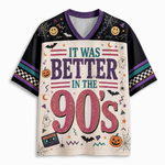 A short-sleeve V-neck football-style shirt with a Halloween theme. The front features a large distressed pink '90's text design with the phrase 'IT WAS BETTER IN THE 90's' in teal and purple.