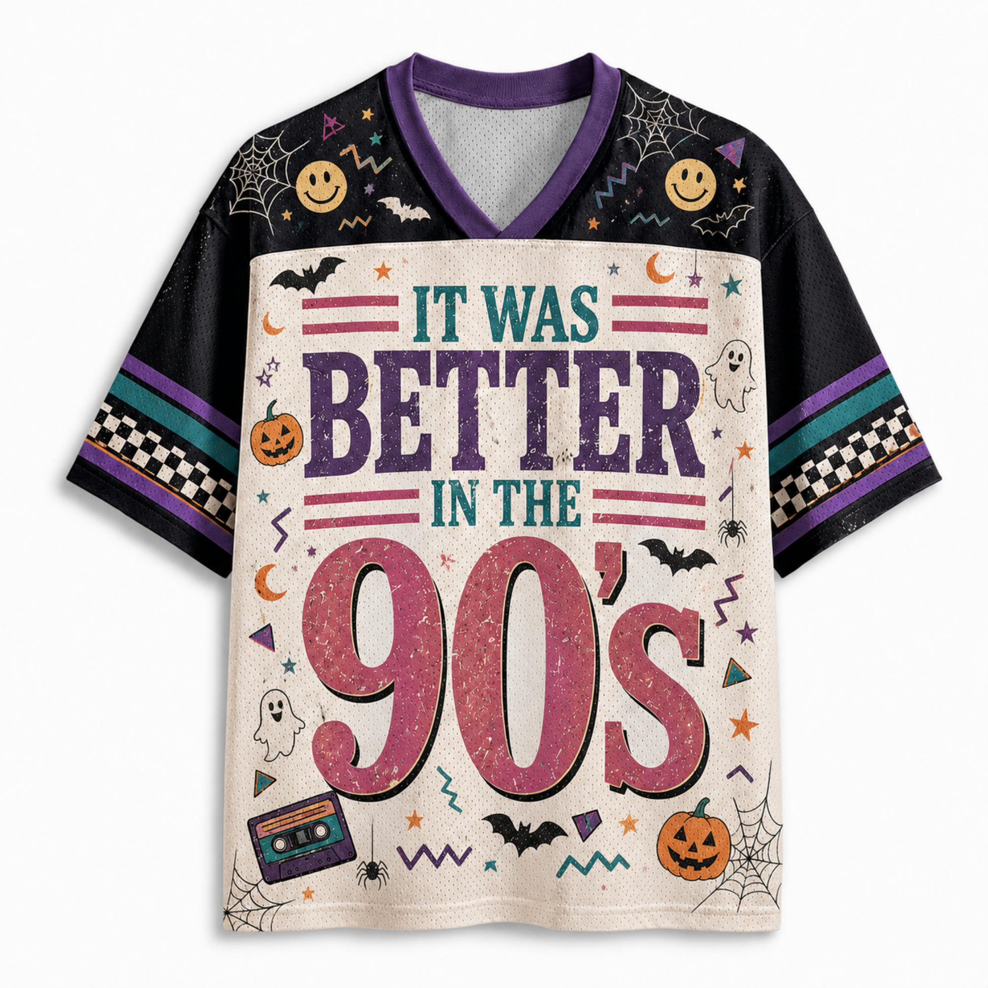 A short-sleeve V-neck football-style shirt with a Halloween theme. The front features a large distressed pink '90's text design with the phrase 'IT WAS BETTER IN THE 90's' in teal and purple.