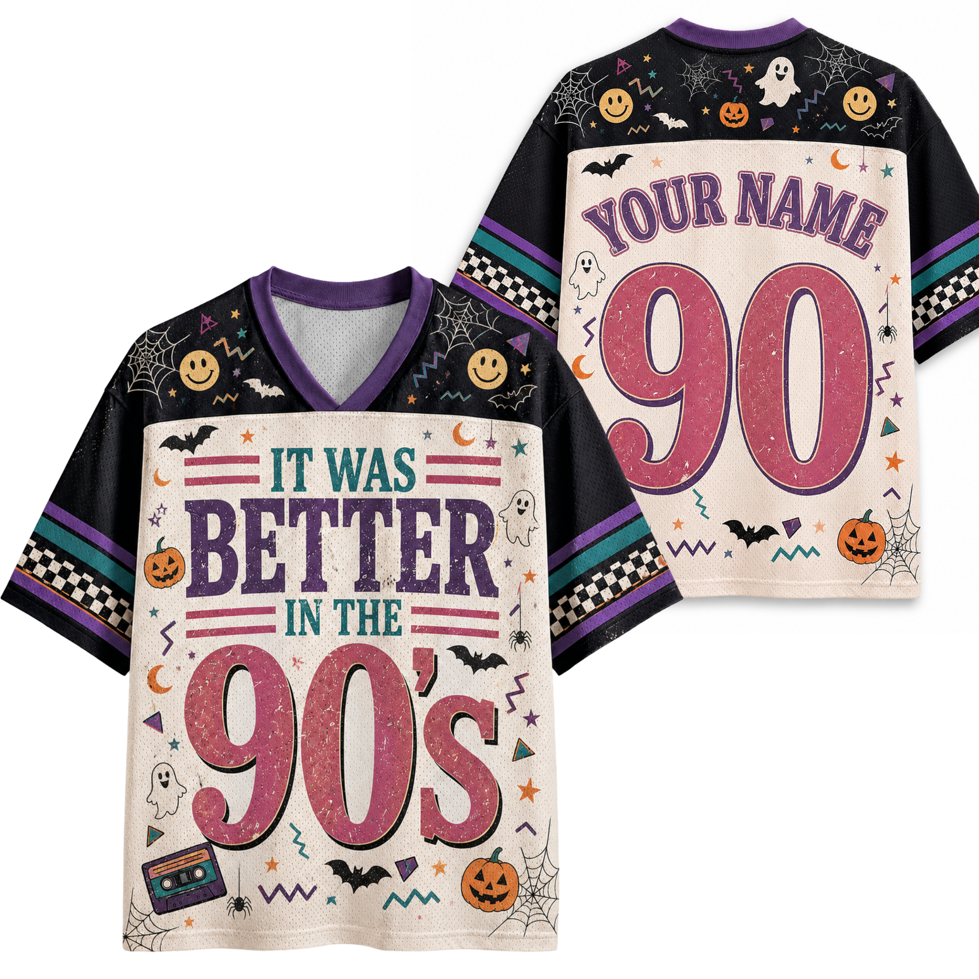 A mockup showing the front and back of a short-sleeve V-neck t-shirt with a 90s Halloween theme. The shirt features a black body with purple trim, a cream-colored front graphic reading 'IT WAS BETTER IN THE 90's' with pink '90's and purple text, and a matching back graphic with 'YOUR NAME 90' in pink.