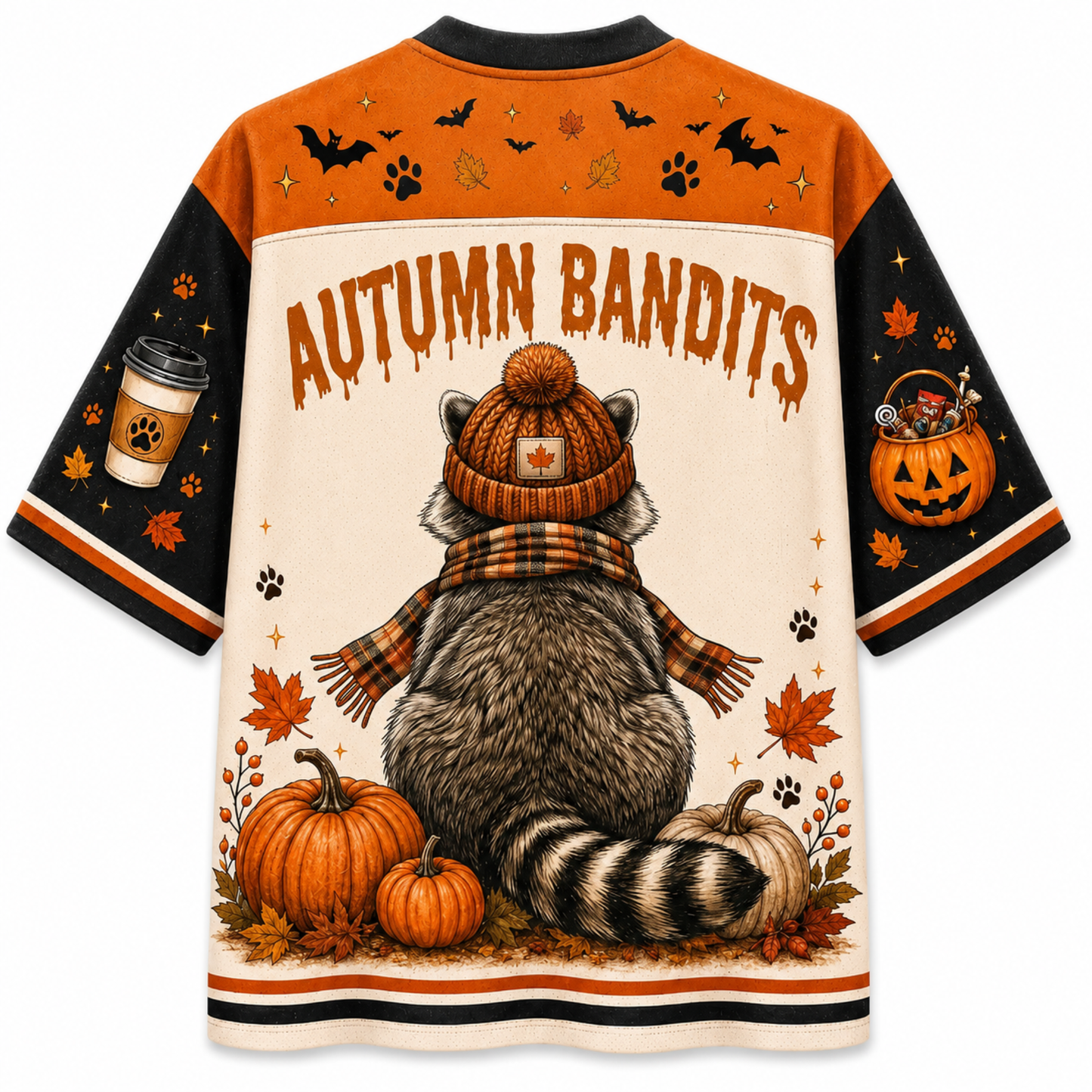 A short-sleeve crewneck shirt shown from the back, featuring a colorful autumn-themed graphic print with a raccoon in a beanie and scarf, pumpkins, leaves, bats, paw prints, and the text 'AUTUMN BANDITS' on a cream background with orange and black sleeves.