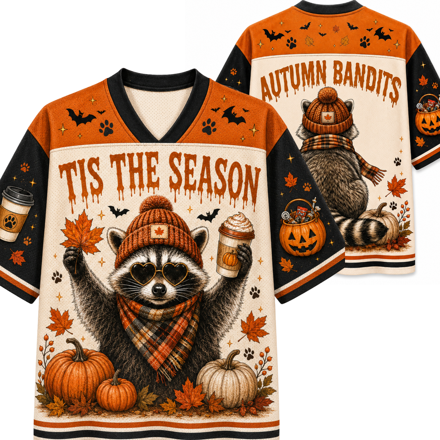 Front and back views of a Halloween-themed v-neck jersey sweatshirt featuring a raccoon dressed as an autumn bandit with pumpkins, fall leaves, and the text 'TIS THE Season' and 'AUTUMN BANDITS'.
