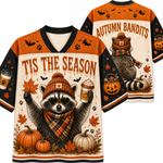 Front and back views of a Halloween-themed v-neck jersey sweatshirt featuring a raccoon dressed as an autumn bandit with pumpkins, fall leaves, and the text 'TIS THE Season' and 'AUTUMN BANDITS'.