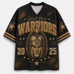 A black mesh short-sleeve V-neck jersey with a distressed gold graphic featuring the word 'WARRIORS,' a Spartan helmet illustration, stars, stripes, and the numbers 20 and 25. The text 'School Name' appears above the main graphic.
