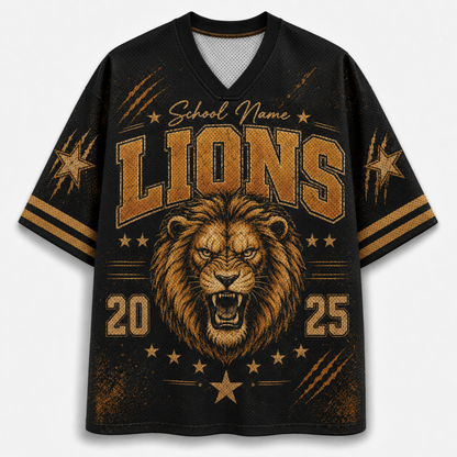A black short-sleeve V-neck jersey-style shirt with a distressed gold graphic featuring the word "LIONS," a lion head, stars, stripes, and the numbers 20 and 25. The text "School Name" appears above the main graphic.