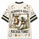 A cream-colored mesh short-sleeve t-shirt with a black crew neck and sleeve stripes, featuring a large graphic print on the back. The graphic reads 'SCHOOL'S OUT! RECESS TIME!' and depicts a deer on a swing and a duck on a slide, surrounded by school-themed doodles like a basketball, paper airplane, and stars.