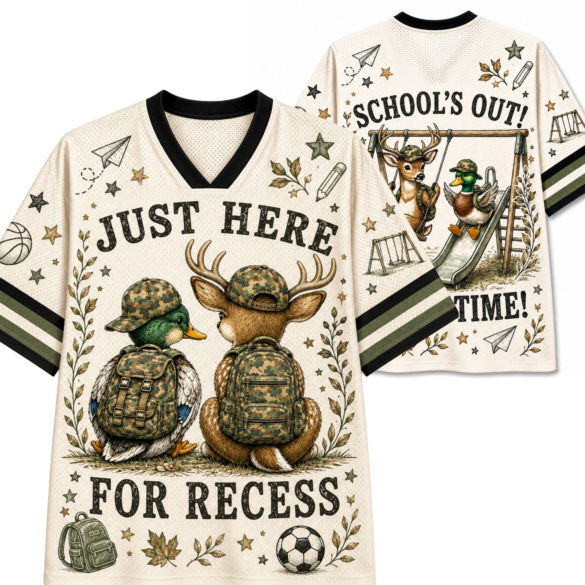 A cream-colored mesh athletic-style t-shirt shown from both front and back. The front features a black V-neck collar, black sleeve stripes, and a graphic of two deer wearing camouflage backpacks and hats sitting side-by-side with the text 'JUST HERE FOR RECESS'.