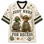 A cream-colored mesh V-neck jersey with black trim, featuring a graphic of a duck and a deer in camouflage backpacks and hats, surrounded by the text 'JUST HERE FOR RECESS' and school-themed doodles.