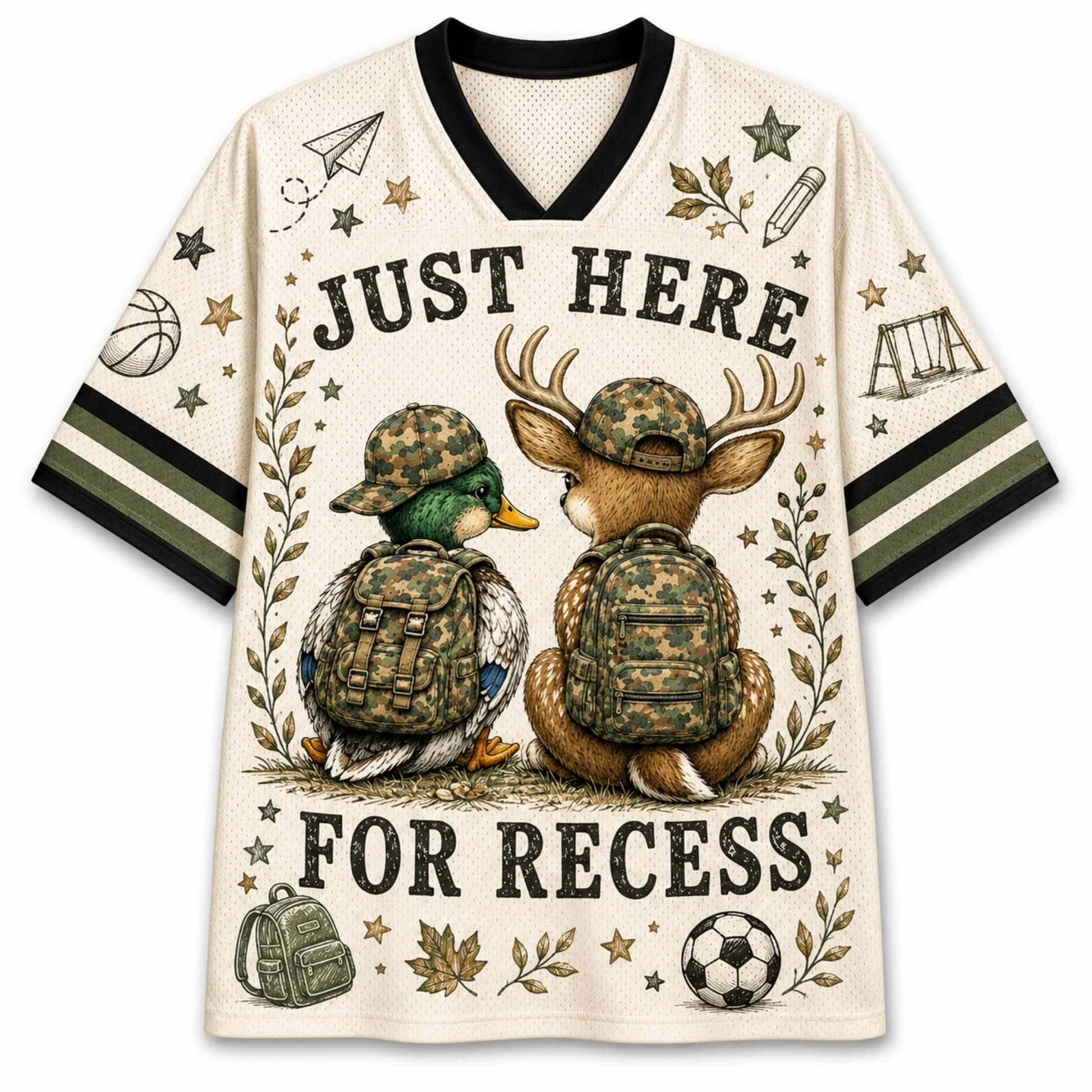 A cream-colored mesh V-neck jersey with black trim, featuring a graphic of a duck and a deer in camouflage backpacks and hats, surrounded by the text 'JUST HERE FOR RECESS' and school-themed doodles.
