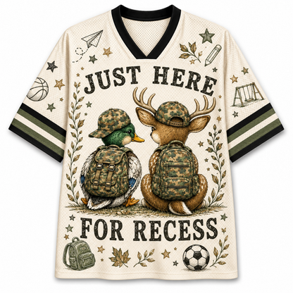 A cream-colored mesh V-neck jersey with black trim, featuring a graphic of a duck and a deer in camouflage backpacks and hats, surrounded by the text 'JUST HERE FOR RECESS' and school-themed doodles.