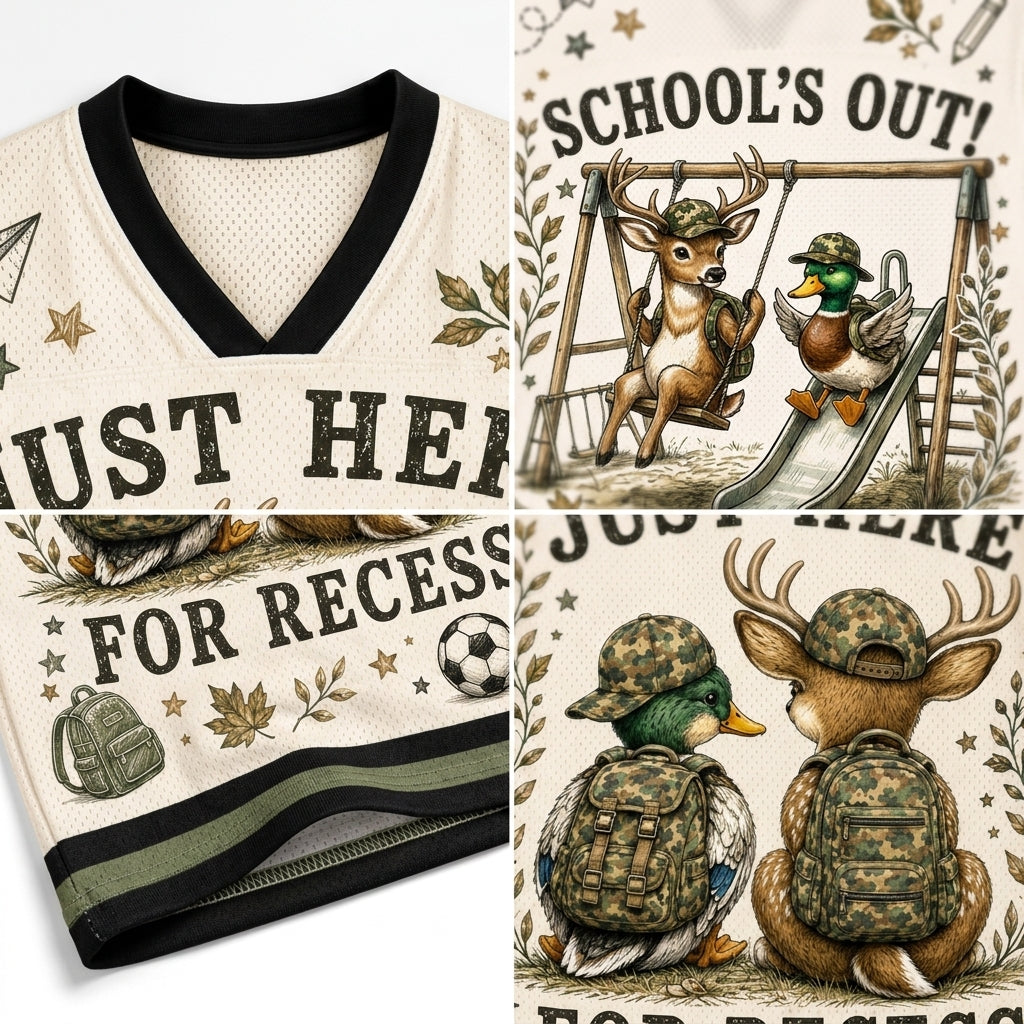 A collage showing a cream mesh V-neck athletic jersey with black trim and a school-themed graphic print. The print includes cartoon deer and ducks wearing camouflage backpacks and hats, with text such as 'SCHOOL'S OUT!' and 'JUST HERE FOR RECESS,' plus small decorative icons like stars, leaves, a soccer ball, and a backpack.