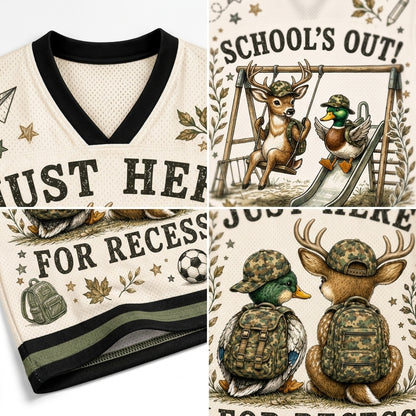A collage showing a cream mesh V-neck athletic jersey with black trim and a school-themed graphic print. The print includes cartoon deer and ducks wearing camouflage backpacks and hats, with text such as 'SCHOOL'S OUT!' and 'JUST HERE FOR RECESS,' plus small decorative icons like stars, leaves, a soccer ball, and a backpack.