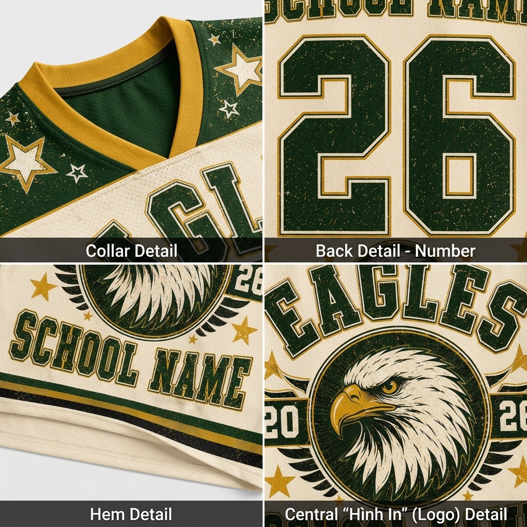 A four-panel close-up collage showing details of a custom sports jersey: collar detail, back number detail, hem detail, and central eagle logo detail. The jersey has a cream base with dark green and gold accents, featuring a bald eagle logo and the text 'SCHOOL NAME' and 'EAGLES'.