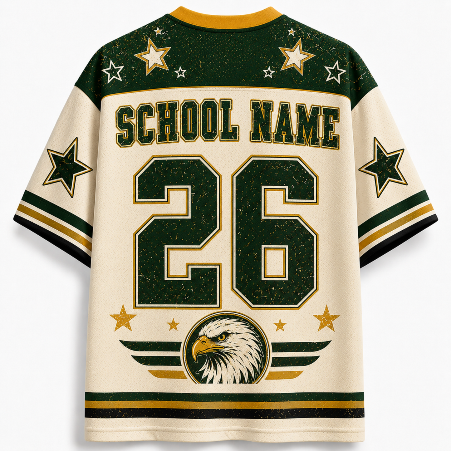 Customizable school jersey shirt shown from the back, featuring 'SCHOOL NAME' and the number '26' in dark green with gold outlines on an off-white background. The shoulders and sleeves have dark green panels with gold stars, and the lower back features an eagle graphic.