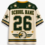 Customizable school jersey shirt shown from the back, featuring 'SCHOOL NAME' and the number '26' in dark green with gold outlines on an off-white background. The shoulders and sleeves have dark green panels with gold stars, and the lower back features an eagle graphic.