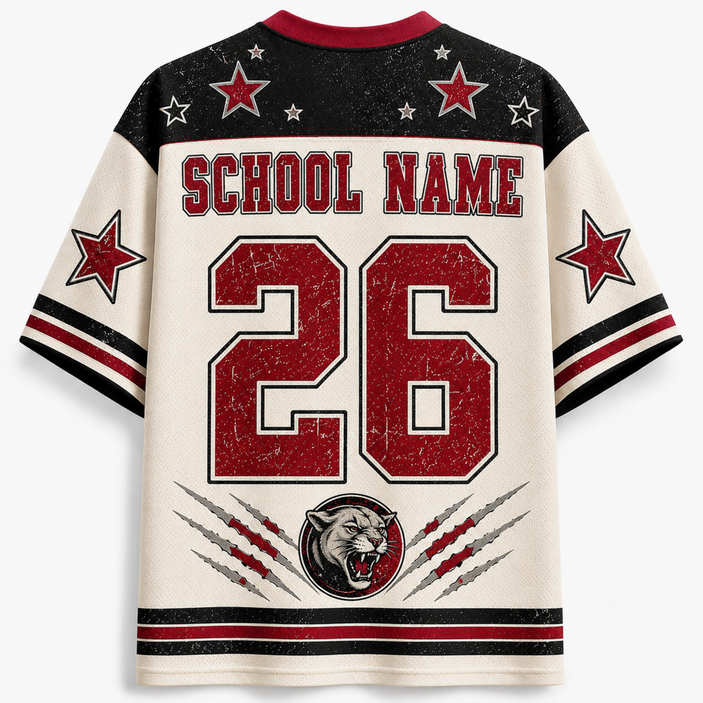Customizable short-sleeve athletic jersey back view with 'SCHOOL NAME' and number '26' in distressed red, black, and off-white, featuring star details on the shoulders and a wolf graphic near the hem.