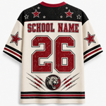 Customizable short-sleeve athletic jersey back view with 'SCHOOL NAME' and number '26' in distressed red, black, and off-white, featuring star details on the shoulders and a wolf graphic near the hem.
