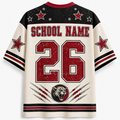 Customizable short-sleeve athletic jersey back view with 'SCHOOL NAME' and number '26' in distressed red, black, and off-white, featuring star details on the shoulders and a wolf graphic near the hem.