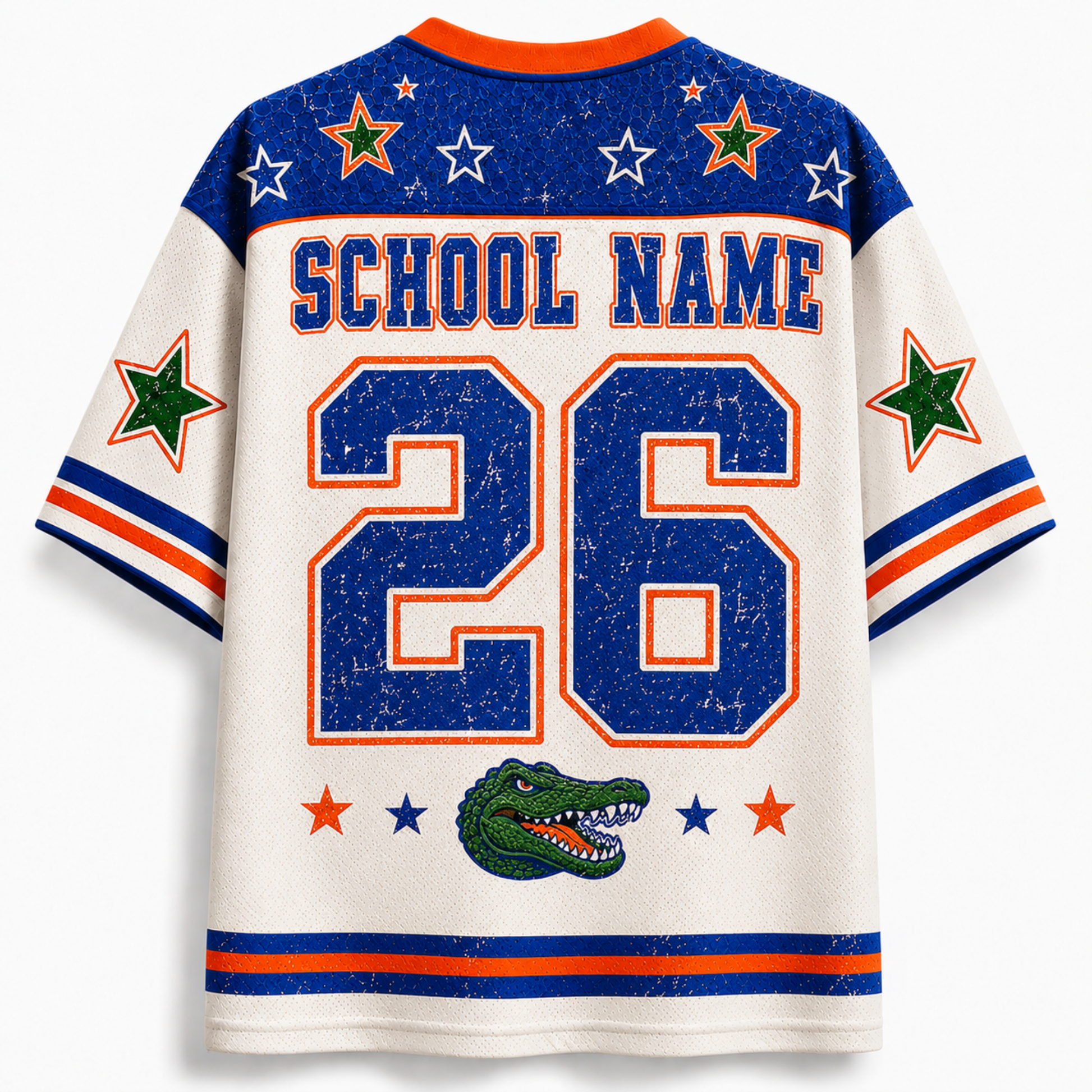 Custom Florida Gators themed short-sleeve jersey shown from the back, featuring a cream base with distressed blue and orange graphics, 'SCHOOL NAME' and number '26', a green alligator logo, and star accents.