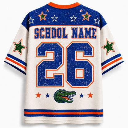 Custom Florida Gators themed short-sleeve jersey shown from the back, featuring a cream base with distressed blue and orange graphics, 'SCHOOL NAME' and number '26', a green alligator logo, and star accents.