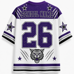 A white and purple sports jersey shown from the back, featuring a large distressed purple number 26, 'SCHOOL NAME' text across the shoulders, star motifs, a wildcat head graphic, and black, gray, and white sleeve stripes.
