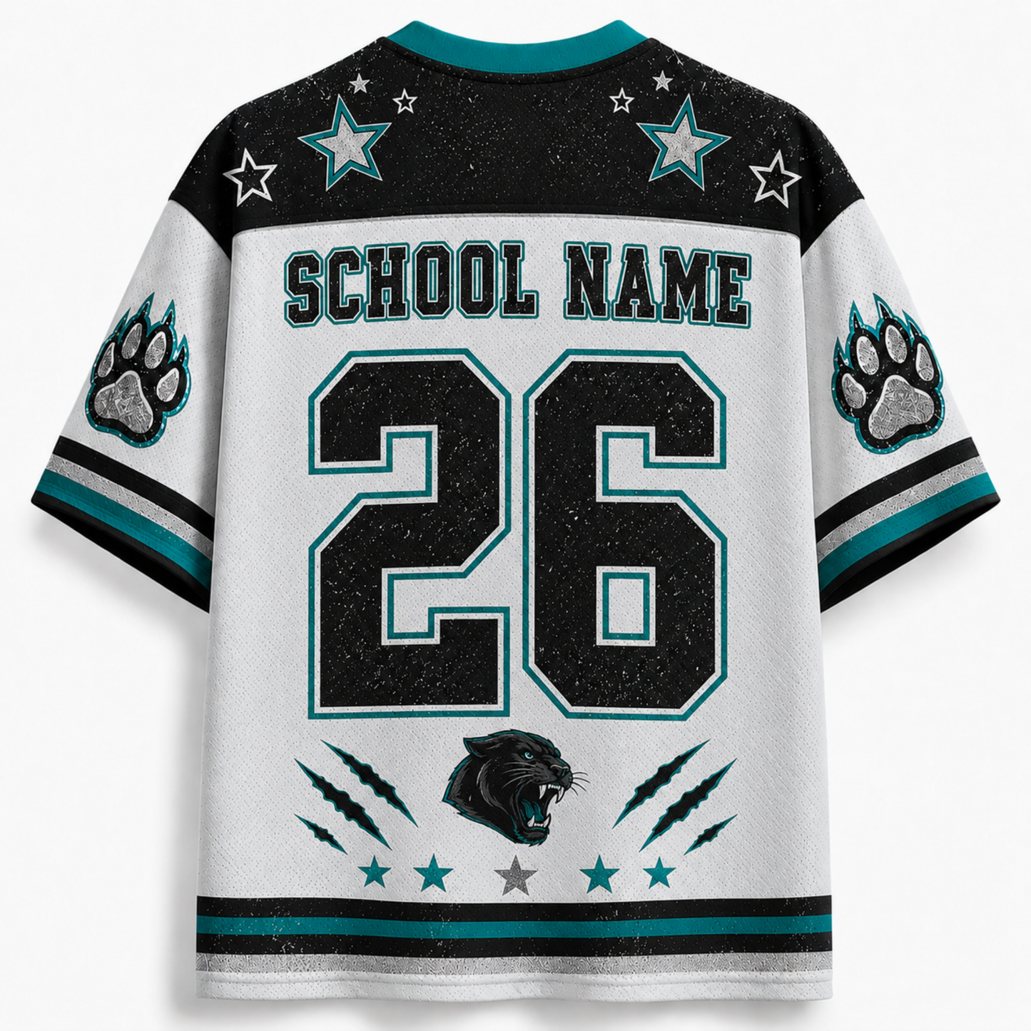Custom Carolina Panthers-style football jersey shown from the back, with a white body, black shoulders and upper back, teal accents, star graphics, paw prints on the sleeves, 'SCHOOL NAME' text, and the number 26.