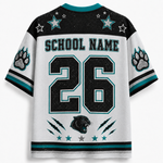 Custom Carolina Panthers-style football jersey shown from the back, with a white body, black shoulders and upper back, teal accents, star graphics, paw prints on the sleeves, 'SCHOOL NAME' text, and the number 26.