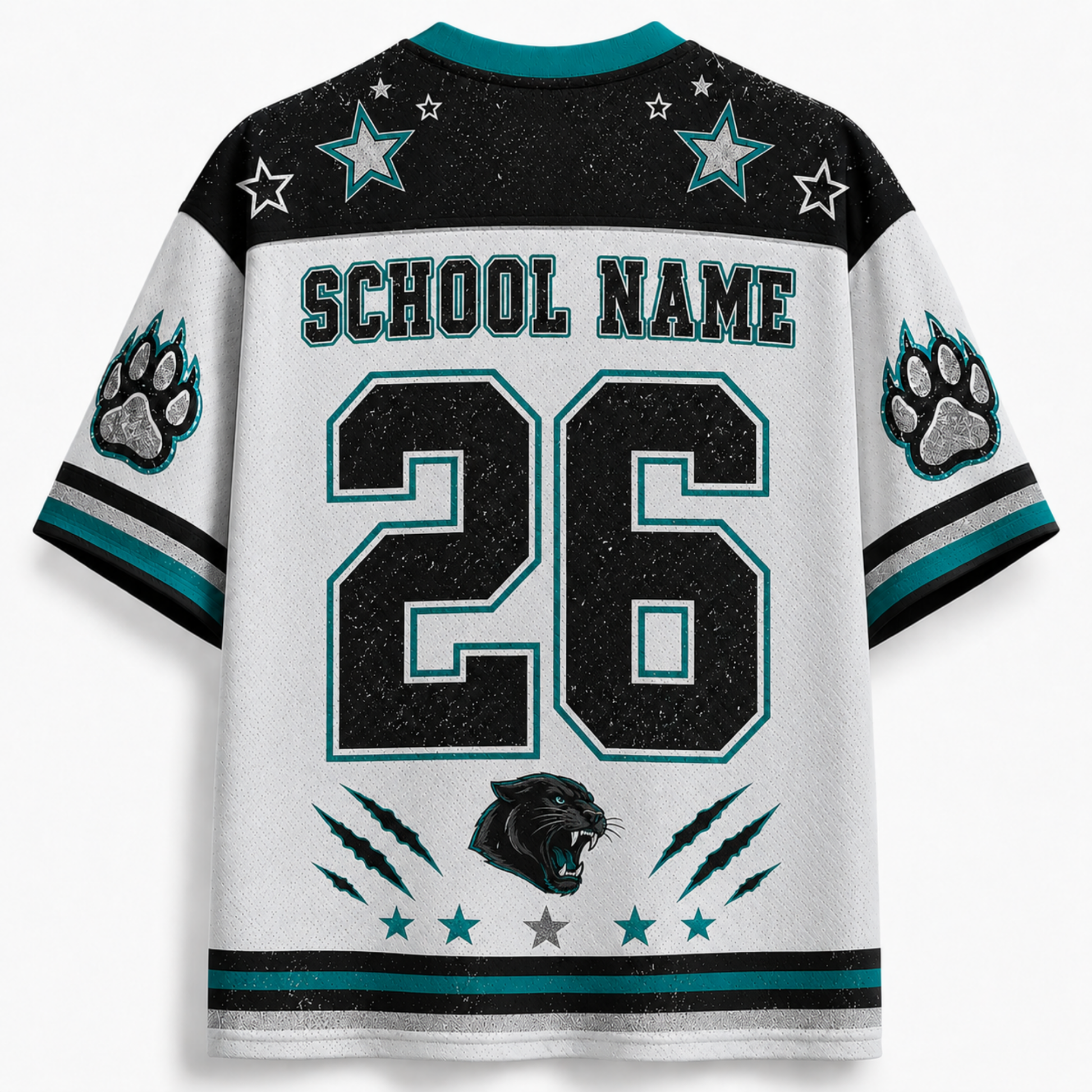 Custom Carolina Panthers-style football jersey shown from the back, with a white body, black shoulders and upper back, teal accents, star graphics, paw prints on the sleeves, 'SCHOOL NAME' text, and the number 26.