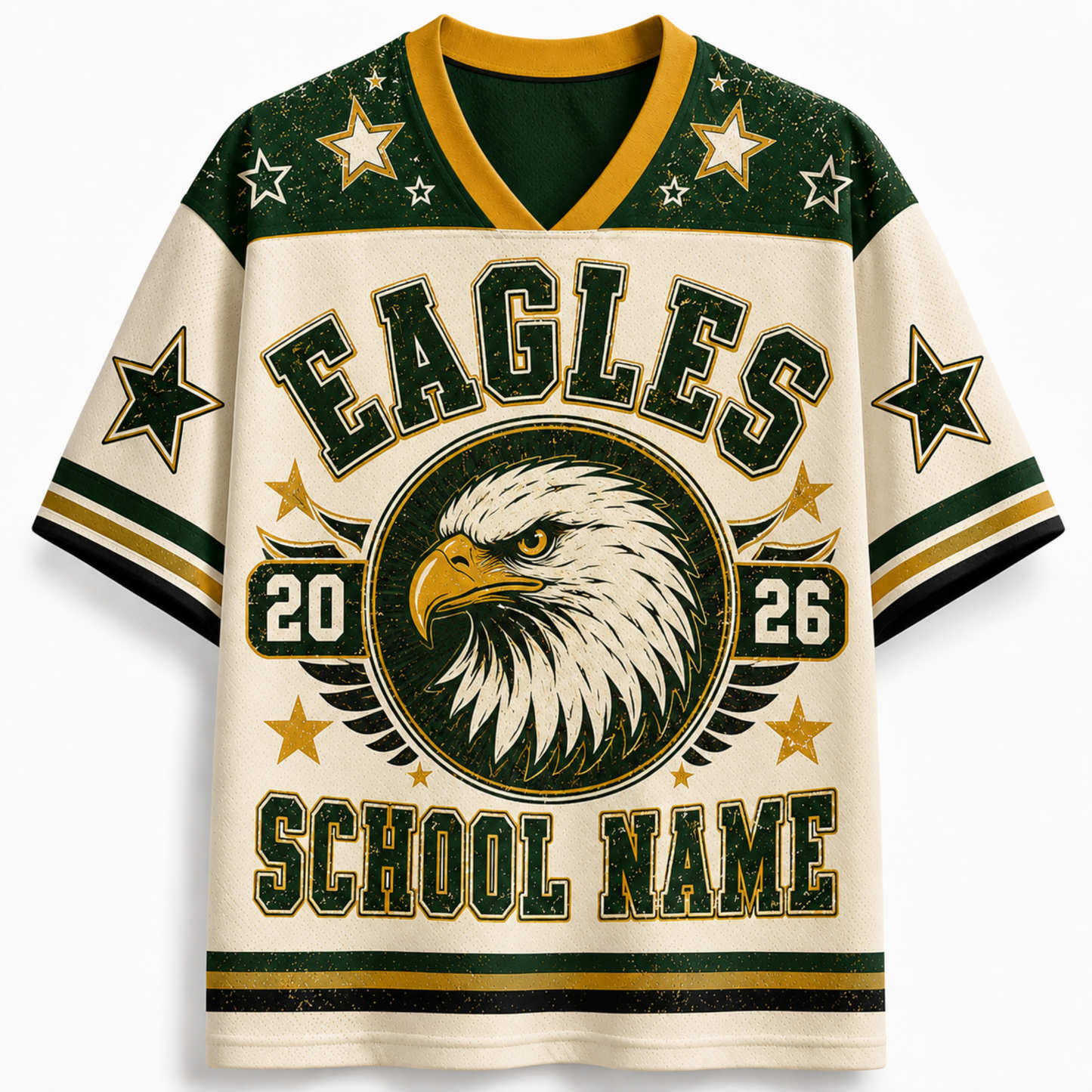 A short-sleeve V-neck jersey-style shirt with a distressed school-eagle theme. The shirt is cream-colored with dark green and gold accents, featuring 'EAGLES' across the chest, a large eagle head graphic, '2026' flanking the eagle, and 'SCHOOL NAME' at the bottom.