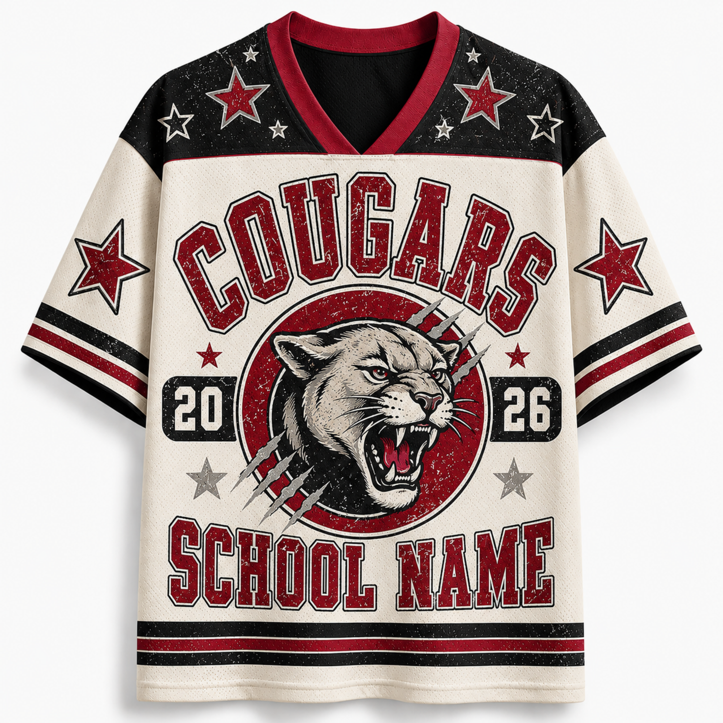 A short-sleeve V-neck athletic-style shirt with a distressed collegiate graphic. The design features a cream base, black shoulder and sleeve sections, red trim, and a large front graphic with the word 'COUGARS', a cougar head, numbers '20' and '26', stars, and the text 'SCHOOL NAME'.