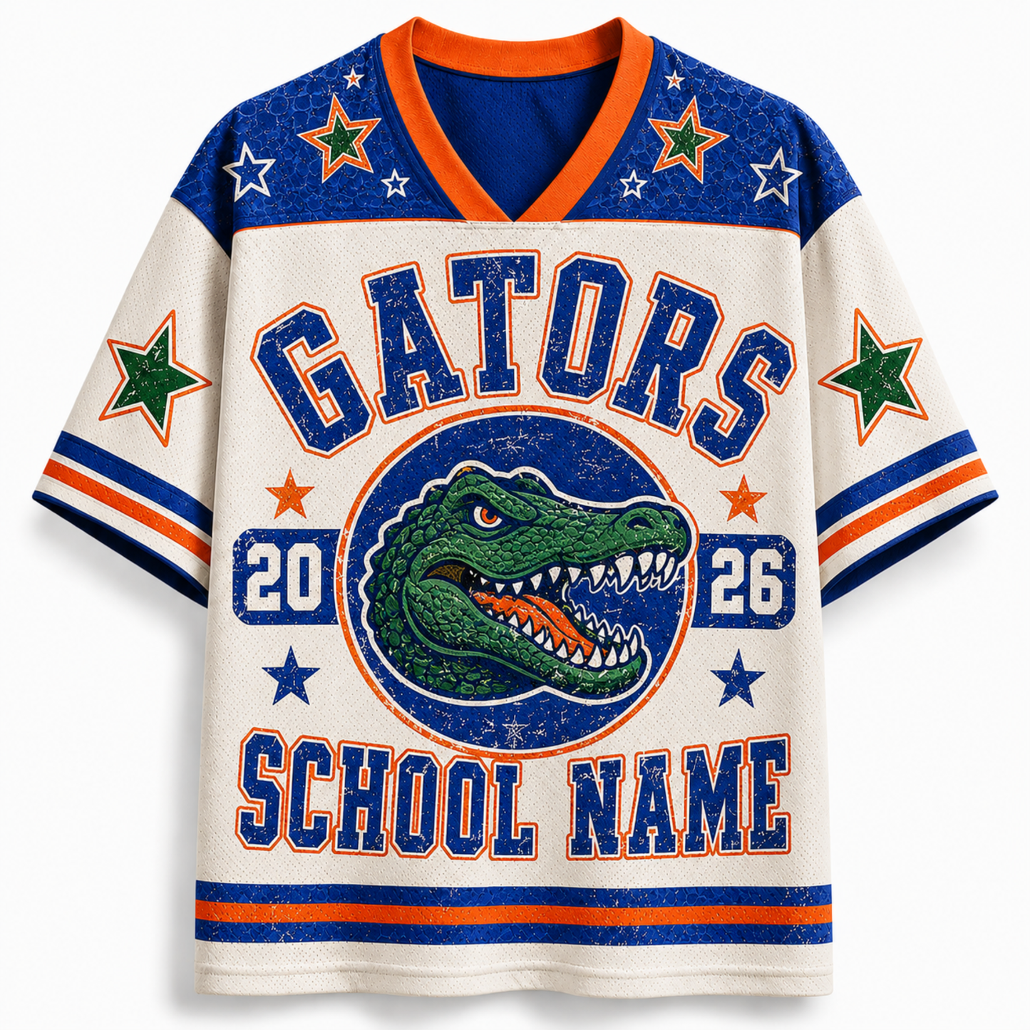 A short-sleeve V-neck jersey-style shirt with a distressed collegiate design. The body is off-white/cream, with blue and orange trim, a large blue 'GATORS' graphic, a green alligator logo in the center, and 'SCHOOL NAME' printed below.