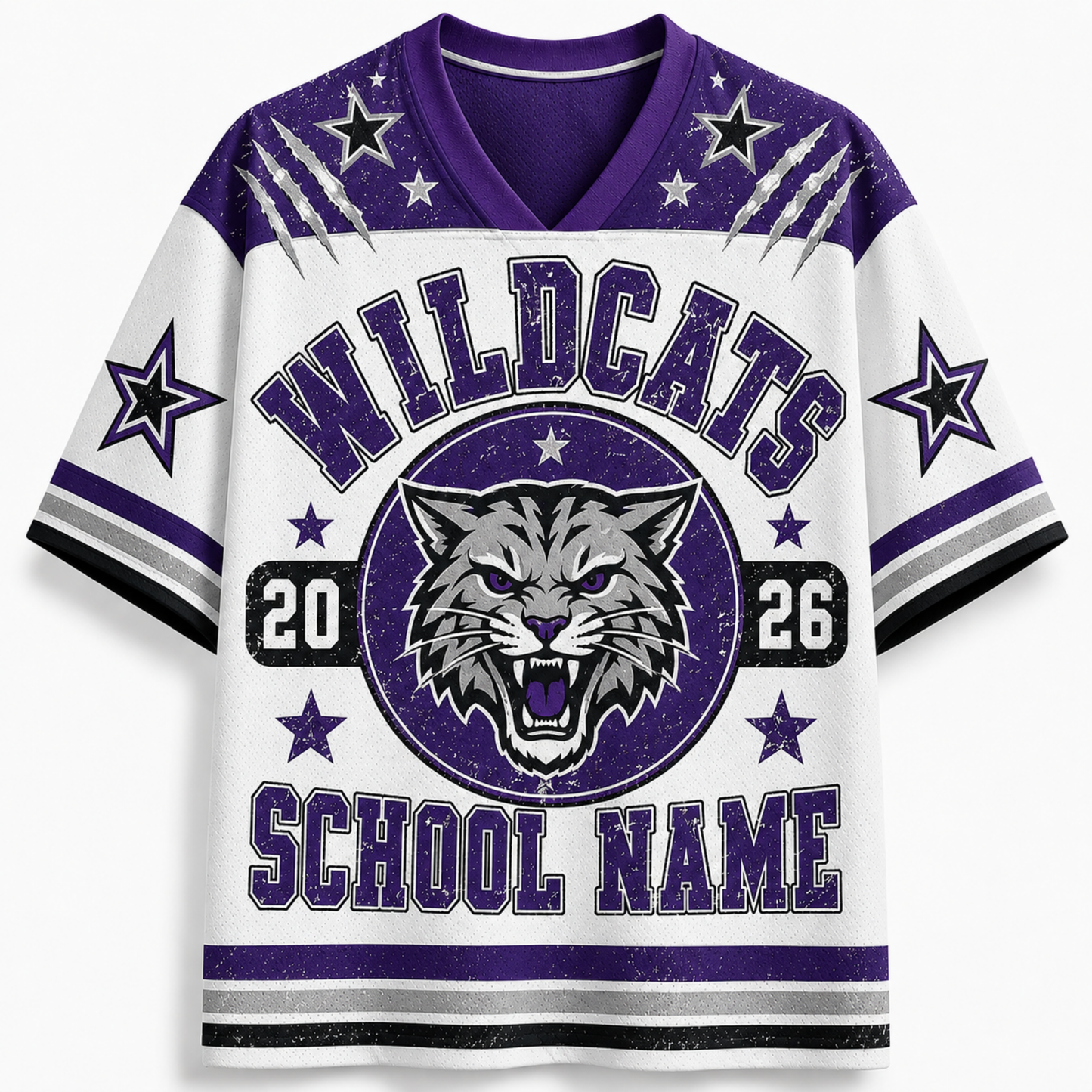 A white and purple short-sleeve V-neck jersey-style shirt with 'WILDCATS' across the chest, a wildcat head logo, numbers 20 and 26, and 'SCHOOL NAME' at the bottom, shown on a light gray background.
