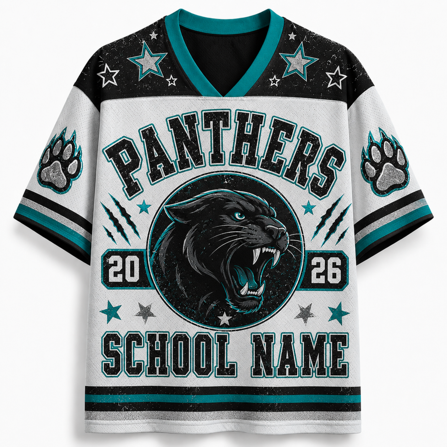 A custom V-neck sports jersey featuring a white body with black and teal graphics. The front displays 'PANTHERS' in arched varsity lettering above a roaring panther graphic, flanked by the numbers '20' and '26', with 'SCHOOL NAME' printed below.