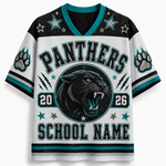 A custom V-neck sports jersey featuring a white body with black and teal graphics. The front displays 'PANTHERS' in arched varsity lettering above a roaring panther graphic, flanked by the numbers '20' and '26', with 'SCHOOL NAME' printed below.