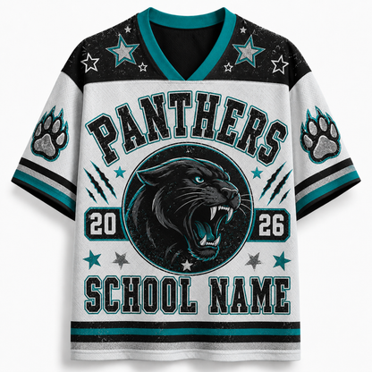 A custom V-neck sports jersey featuring a white body with black and teal graphics. The front displays 'PANTHERS' in arched varsity lettering above a roaring panther graphic, flanked by the numbers '20' and '26', with 'SCHOOL NAME' printed below.