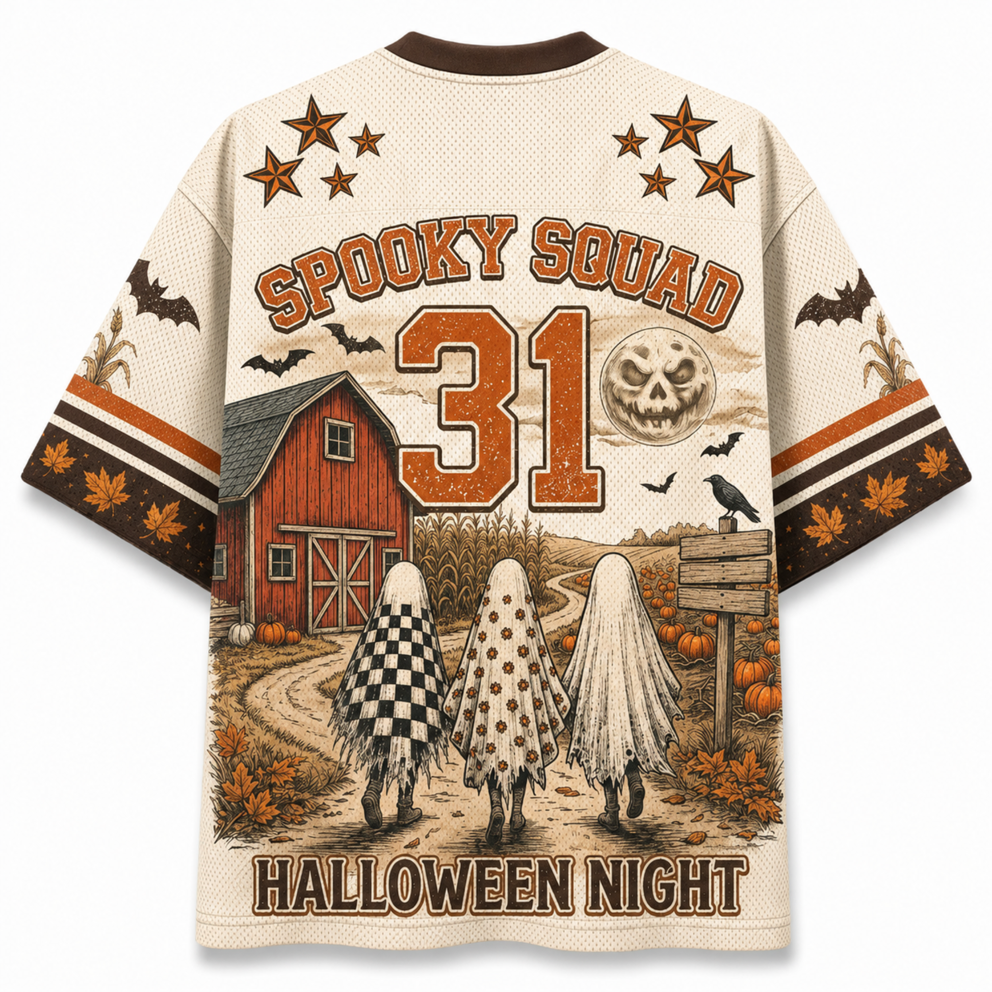 A cream-colored short-sleeve t-shirt with a detailed Halloween graphic on the back. The design features the text 'SPOOKY SQUAD' and 'HALLOWEEN NIGHT' in brown and orange lettering, the number '31' in large orange font, and an illustration of three ghosts in front of a red barn, pumpkins, and a raven.