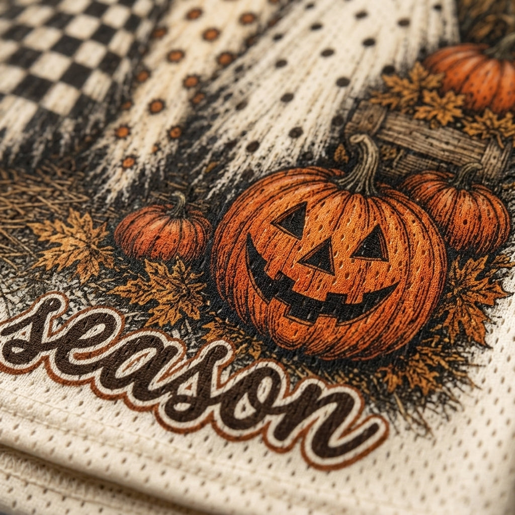 Detailed close up of Chaotic Club illustration showing three cute ghosts in checkered and floral sheets standing next to carved pumpkins by a corn field and windmill.