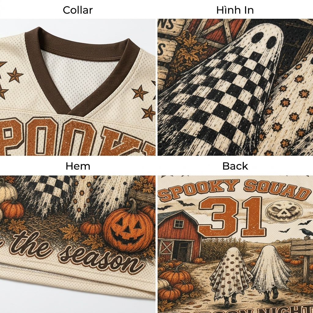Four-panel close-up of a Halloween-themed sports jersey showing the collar, hem, and back design. The cream mesh jersey has brown trim and a spooky graphic with pumpkins, ghosts in checkered and polka-dot prints, autumn leaves, stars, and the text 'Spooky Squad' and 'for the season'.