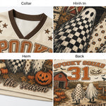 Four-panel close-up of a Halloween-themed sports jersey showing the collar, hem, and back design. The cream mesh jersey has brown trim and a spooky graphic with pumpkins, ghosts in checkered and polka-dot prints, autumn leaves, stars, and the text 'Spooky Squad' and 'for the season'.