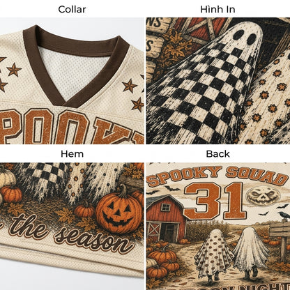 Four-panel close-up of a Halloween-themed sports jersey showing the collar, hem, and back design. The cream mesh jersey has brown trim and a spooky graphic with pumpkins, ghosts in checkered and polka-dot prints, autumn leaves, stars, and the text 'Spooky Squad' and 'for the season'.