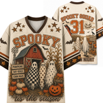 Chaotic Club Vintage Fall Farm Spooky Ghost Mesh Jersey front and back view featuring retro red barn scenery, patterned ghosts, pumpkins, and custom name text.