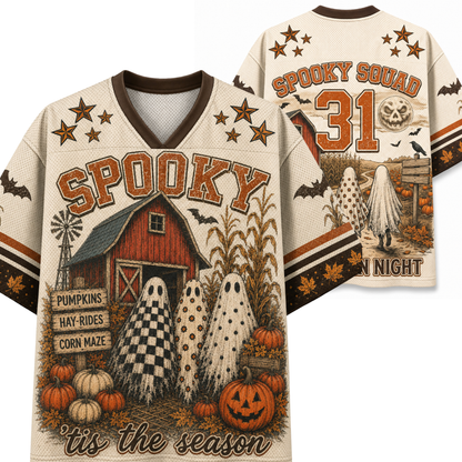 Chaotic Club Vintage Fall Farm Spooky Ghost Mesh Jersey front and back view featuring retro red barn scenery, patterned ghosts, pumpkins, and custom name text.