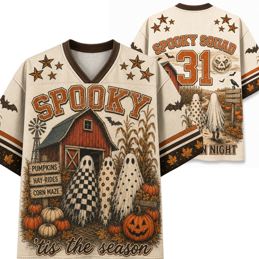 Chaotic Club Vintage Fall Farm Spooky Ghost Mesh Jersey front and back view featuring retro red barn scenery, patterned ghosts, pumpkins, and custom name text.