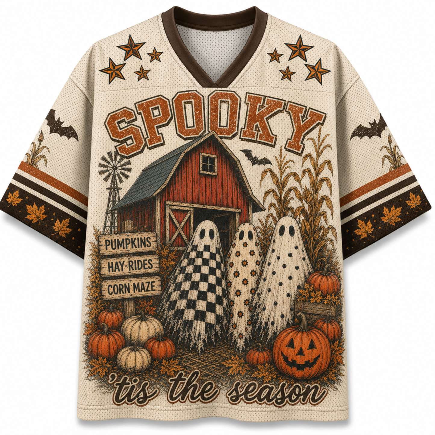 Chaotic Club vintage fall farm mesh jersey front view showing brown V-neck collar, bold SPOOKY typography, retro red barn, wooden signs, and tis the season text.