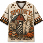 Chaotic Club vintage fall farm mesh jersey front view showing brown V-neck collar, bold SPOOKY typography, retro red barn, wooden signs, and tis the season text.