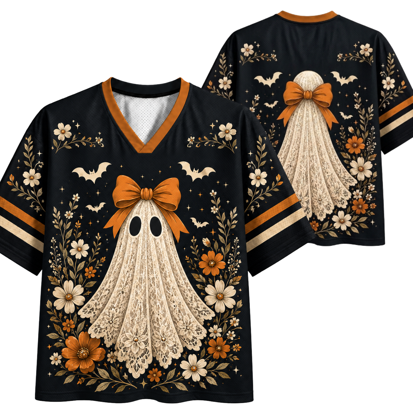 Black short-sleeve V-neck T-shirt with a Halloween ghost graphic, shown front and back. The shirt features a cream lace-textured ghost with an orange bow, surrounded by white and orange flowers, bats, and leaves.