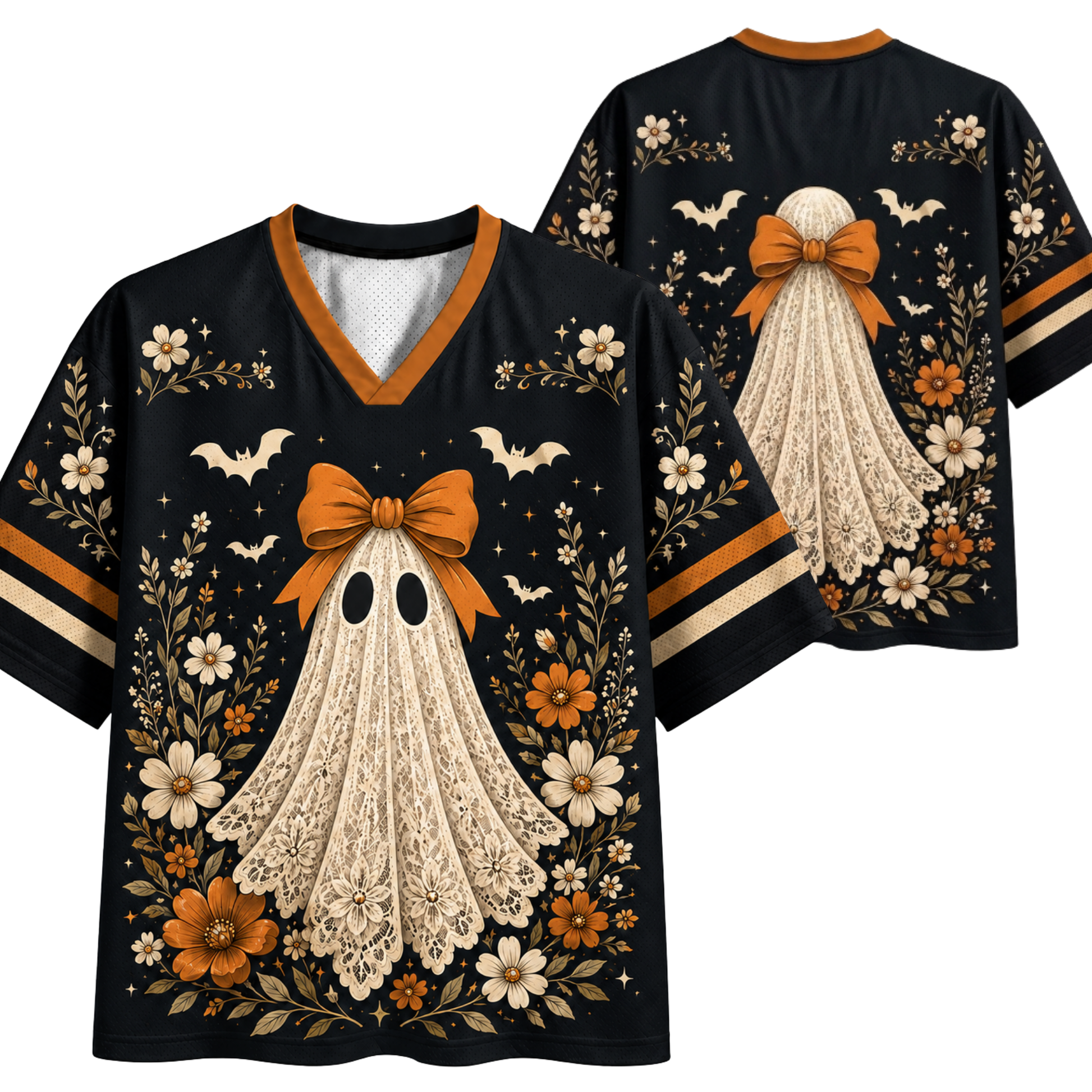 Black short-sleeve V-neck T-shirt with a Halloween ghost graphic, shown front and back. The shirt features a cream lace-textured ghost with an orange bow, surrounded by white and orange flowers, bats, and leaves.